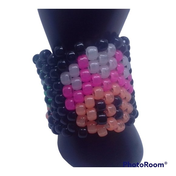 Glow in the Dark Mario Mushroom Kandi Cuff Bracelet.  Pink/Yellow/Green EDC - Picture 1 of 7